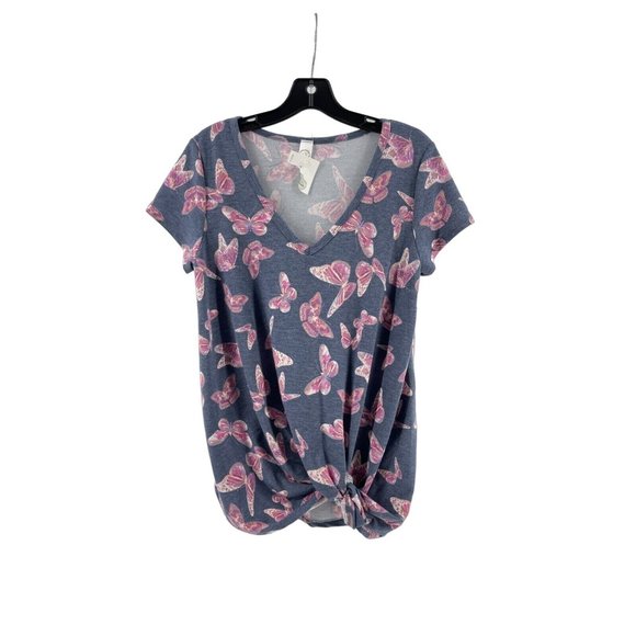 NWT CY Fashion Women's Blue Pink Butterfly Print Shirt Top Twist Front Size S - Picture 2 of 10